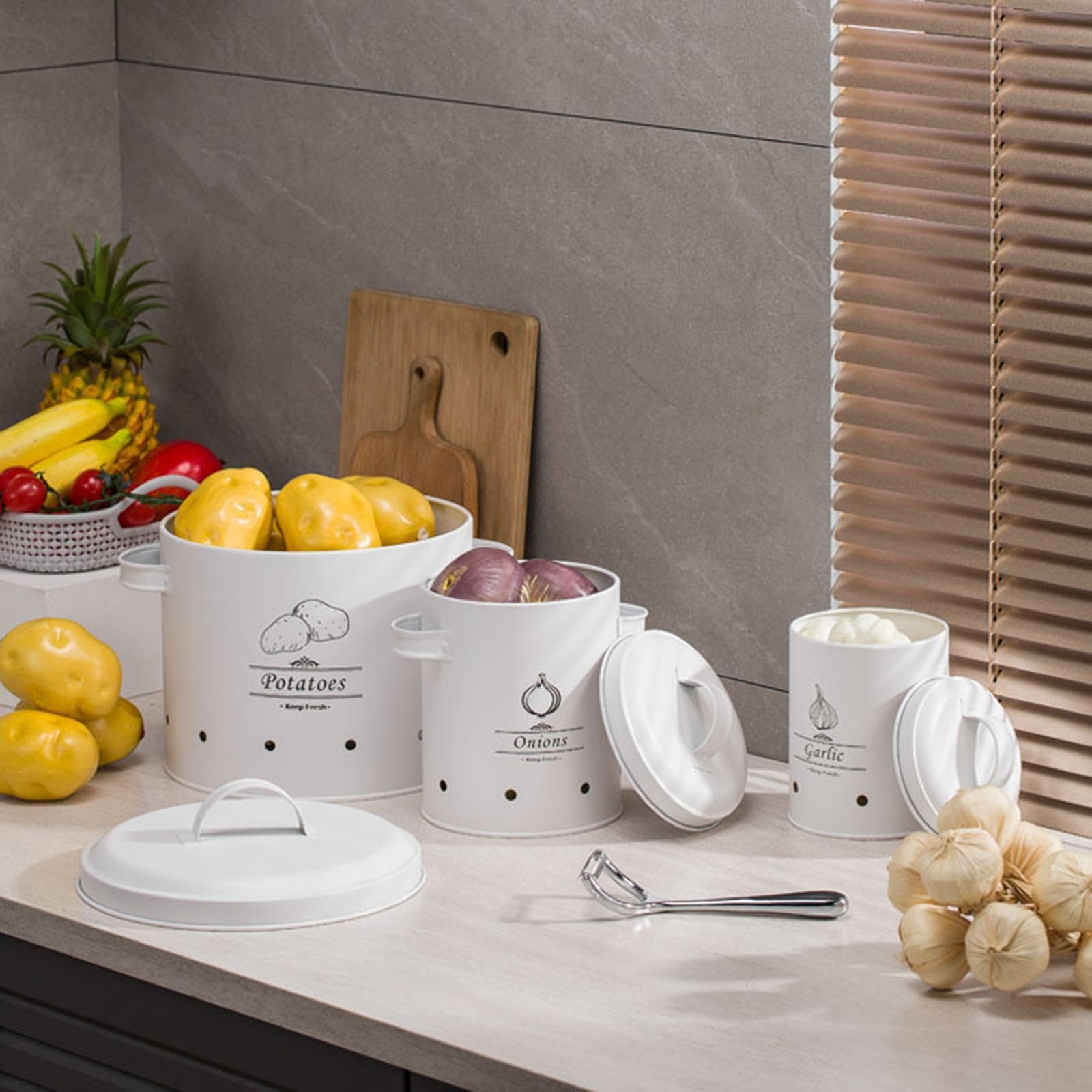 3er Set Zwiebel Aufbewahrungsgläser, Vorratsdosen Set, Fassungsvermögen: 1–2 Stück, lichtgeschützt, für optimale Frische von Kartoffeln und Zwiebeln