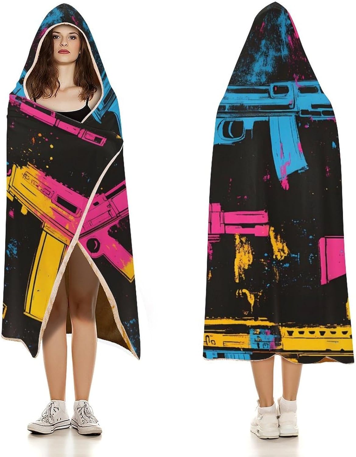 Artistic Splatter Machine Guns Fashion Wearable Blanket Hoodie Fleece Throw Cloak Robe Unisex
