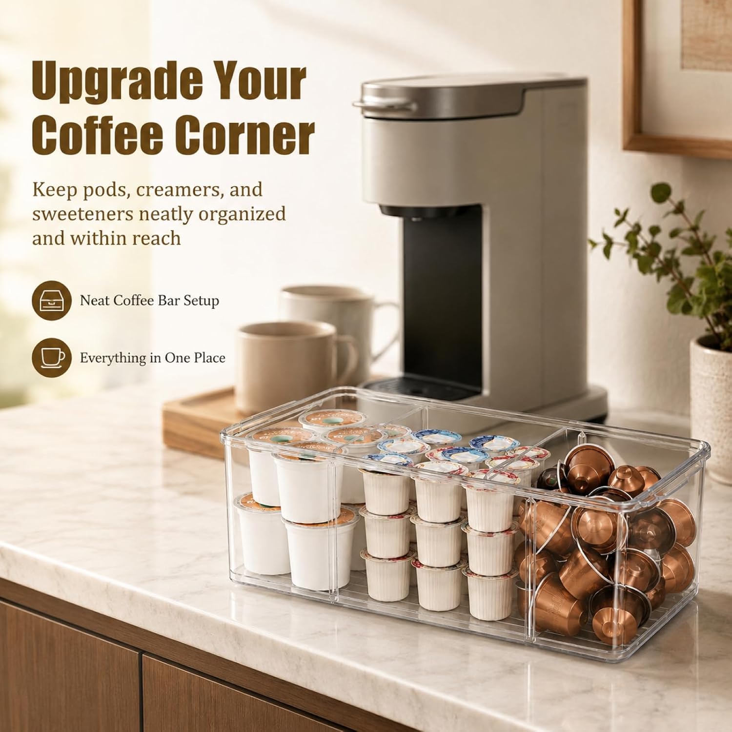 Coffee Pod Holder with Lid, Clear PET Bin for Coffee Station Storage | Plastic body, countertop bar setup, removable dividers, visible sorting, open-top access, rounded edges, 13.7 x 7.2 x 4.4 in