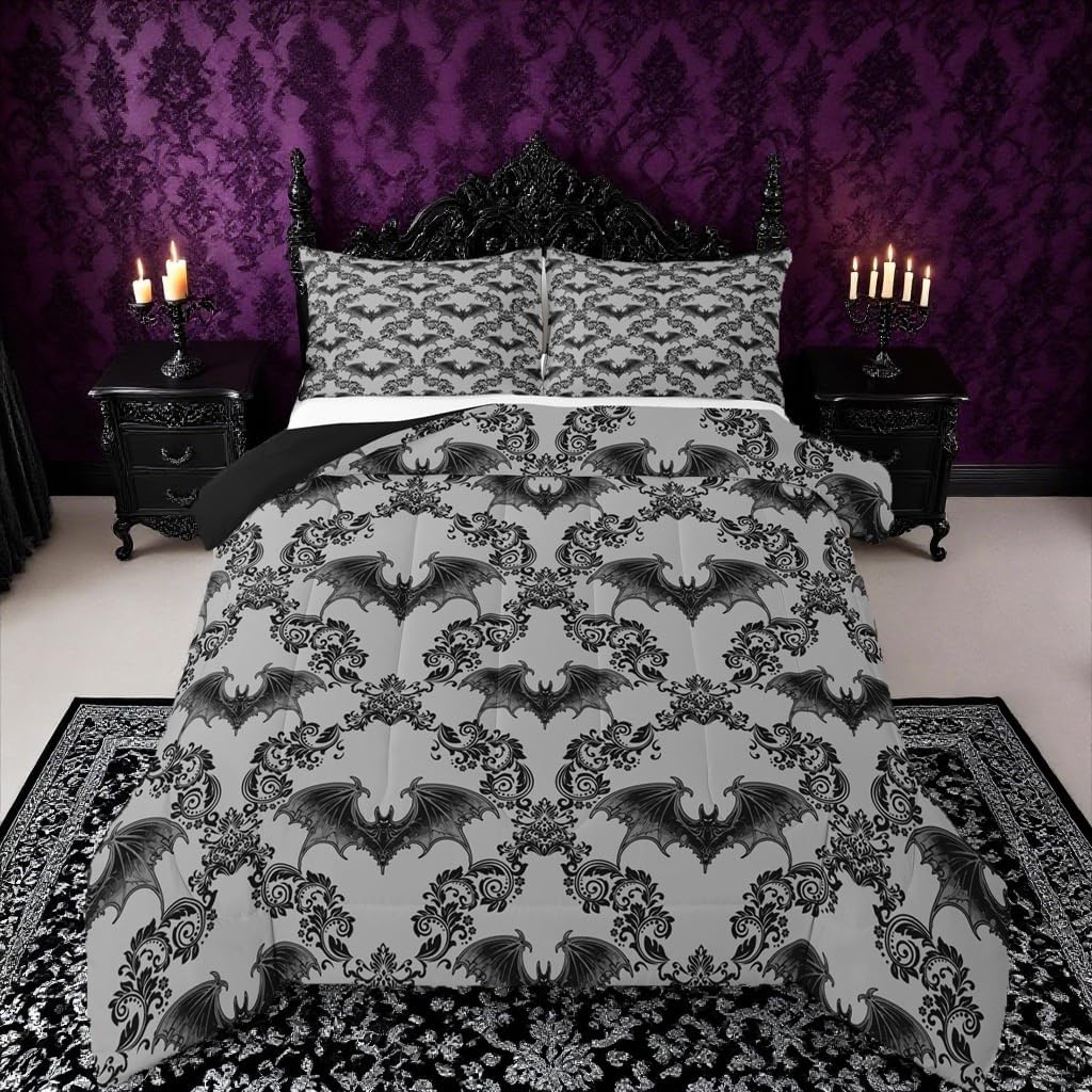 jejeloiu Adults Black Bat Comforter Set Toddler Vintage Boho Damask Floral Baroque Style Bedding Set for Boys Girls Teens Halloween Theme Duvet Quilt Room Decor