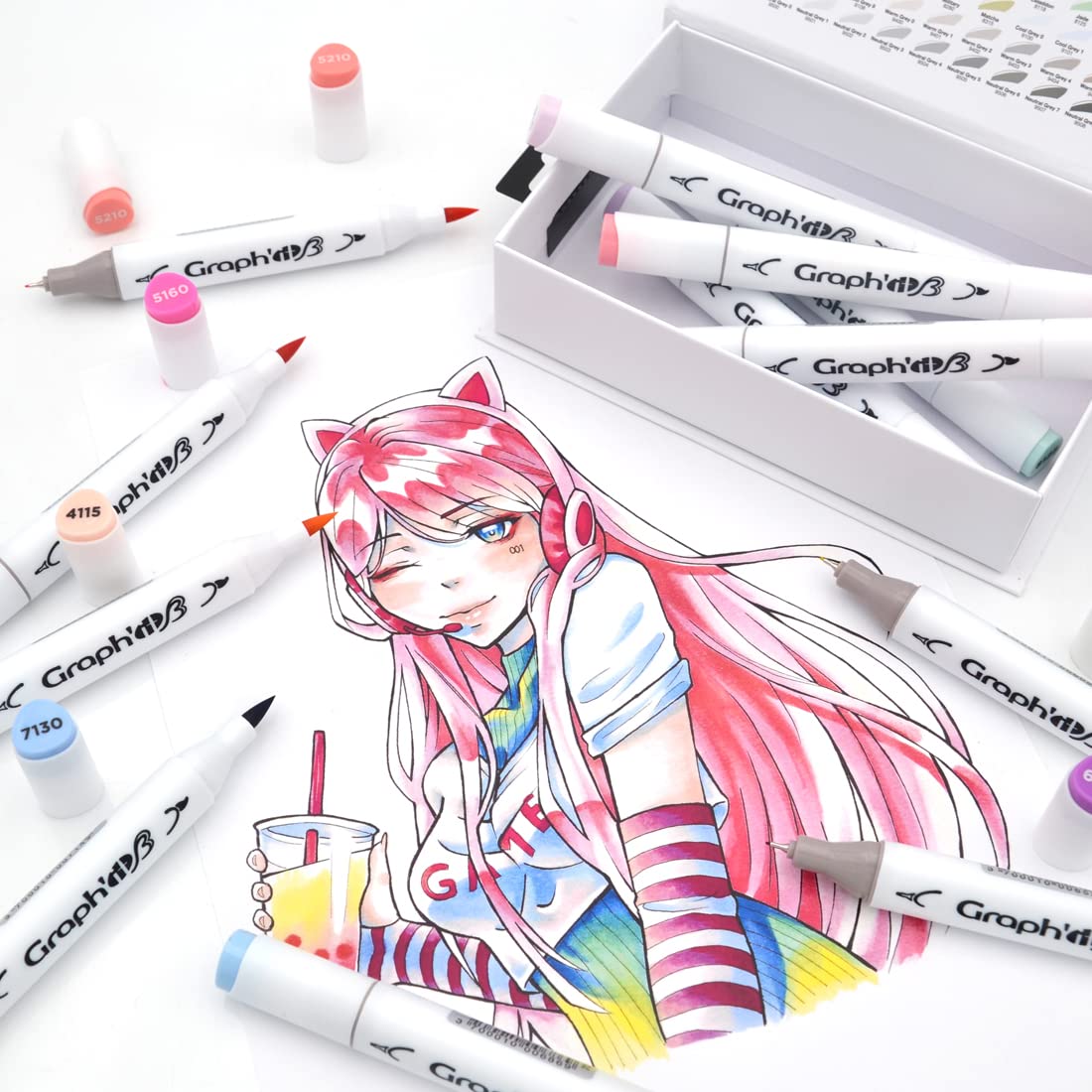 Graph'it - Set de 12 Marqueurs à Alcool Double Pointe : Extra-fine et Pinceau - Dessin de Manga et Illustration - Professionnel et Débutant - Série Manga Shojo