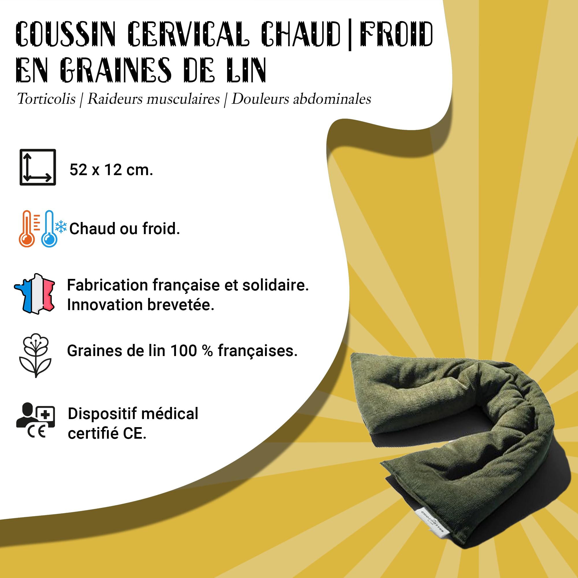 Coussin Emplâtre Chauffant La Cervicale en graines de lin - Bouillotte naturelle pour micro-ondes - Compresse chaud/froid - Soulage douleurs, torticolis, migraine, cou - Fabriqué en France - 52x12 cm