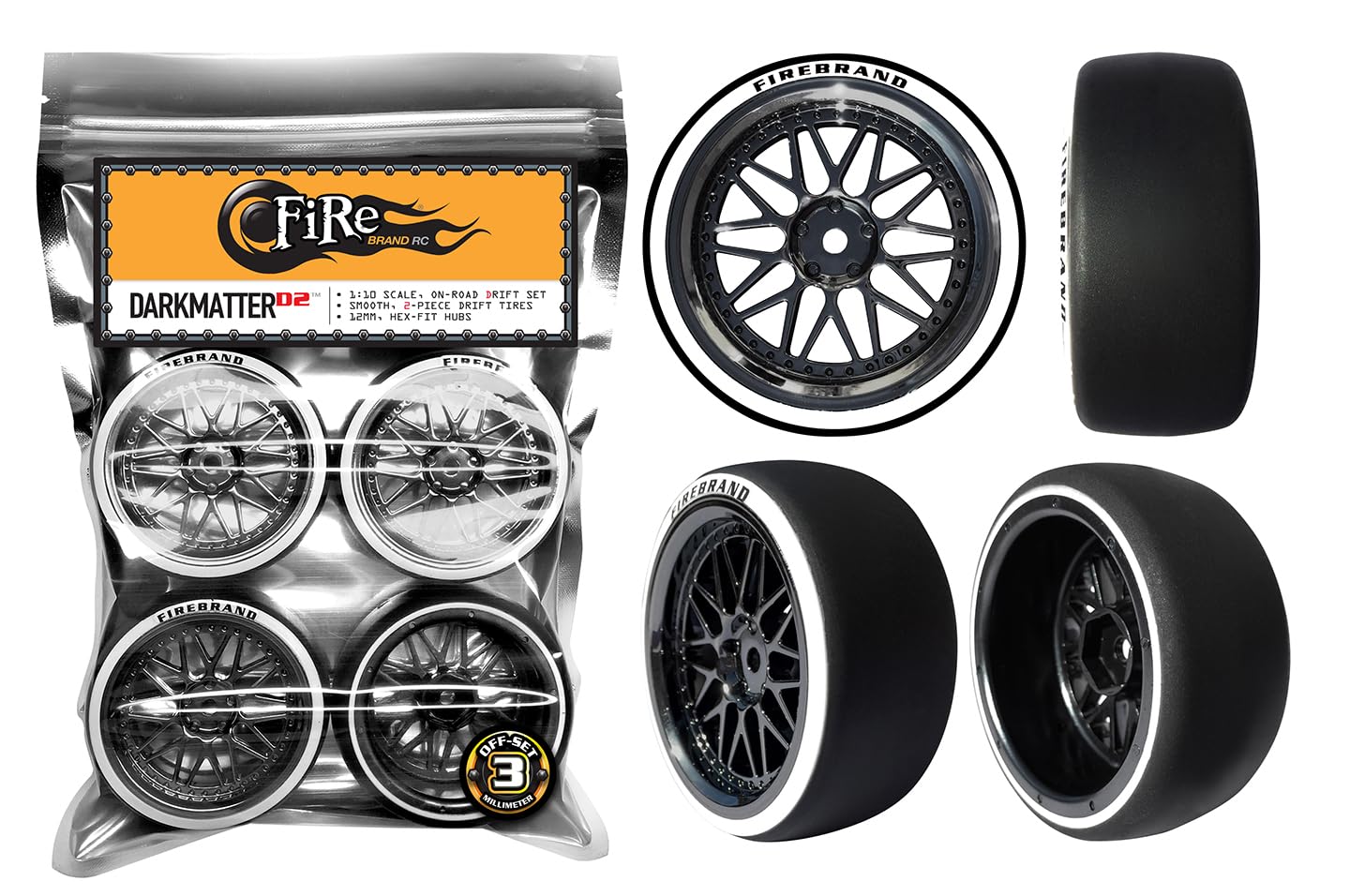 FIRE BRAND RC® DARKMATTER-D23™ On-Road Wheels w/ D2 HDPE Competition Drift Tires, 1:10 Scale, 2″ x 1″, Smoked-Chrome w/Alpine-White, 3mm Off-Set, 12mm Hex-Fit Hubs, Pre-Glued, Set of 4