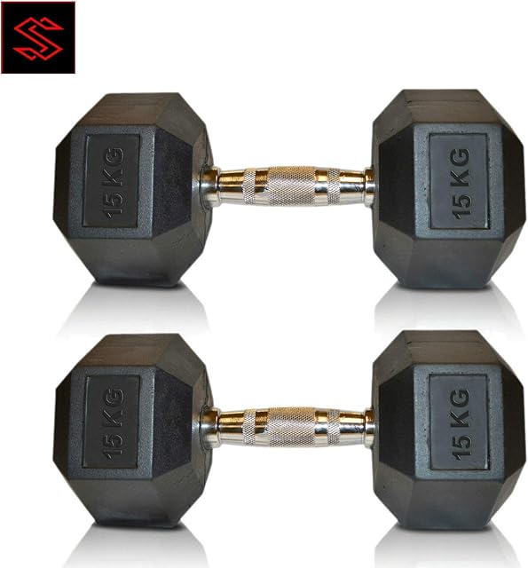 SSAN Hex Dumbbell Rubber Encased Dumbbells Weights Home Gym Fitness Pair Weight Lifting Mens Exercise 7.5 | 10 | 15 KG