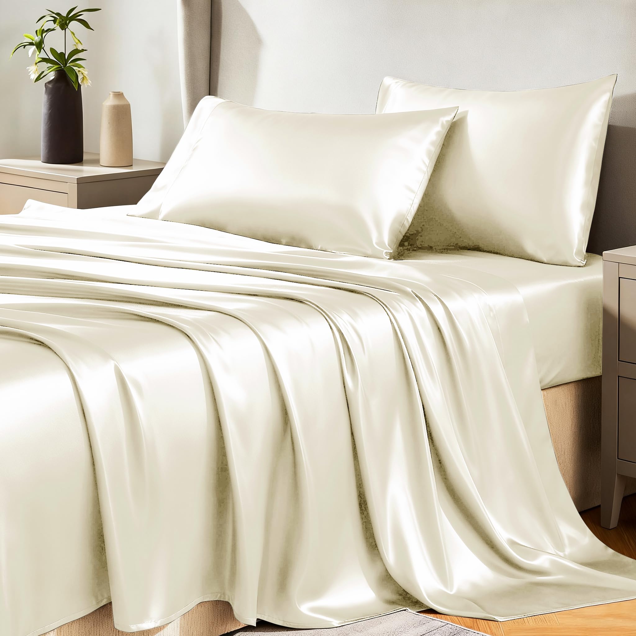CozyLux Satin Sheets Full Size Sheets - 4 Piece Silky Full Size Bed Sheets, Luxury Cream Full Bed Set with Smooth and Soft Microfiber, Includes 1