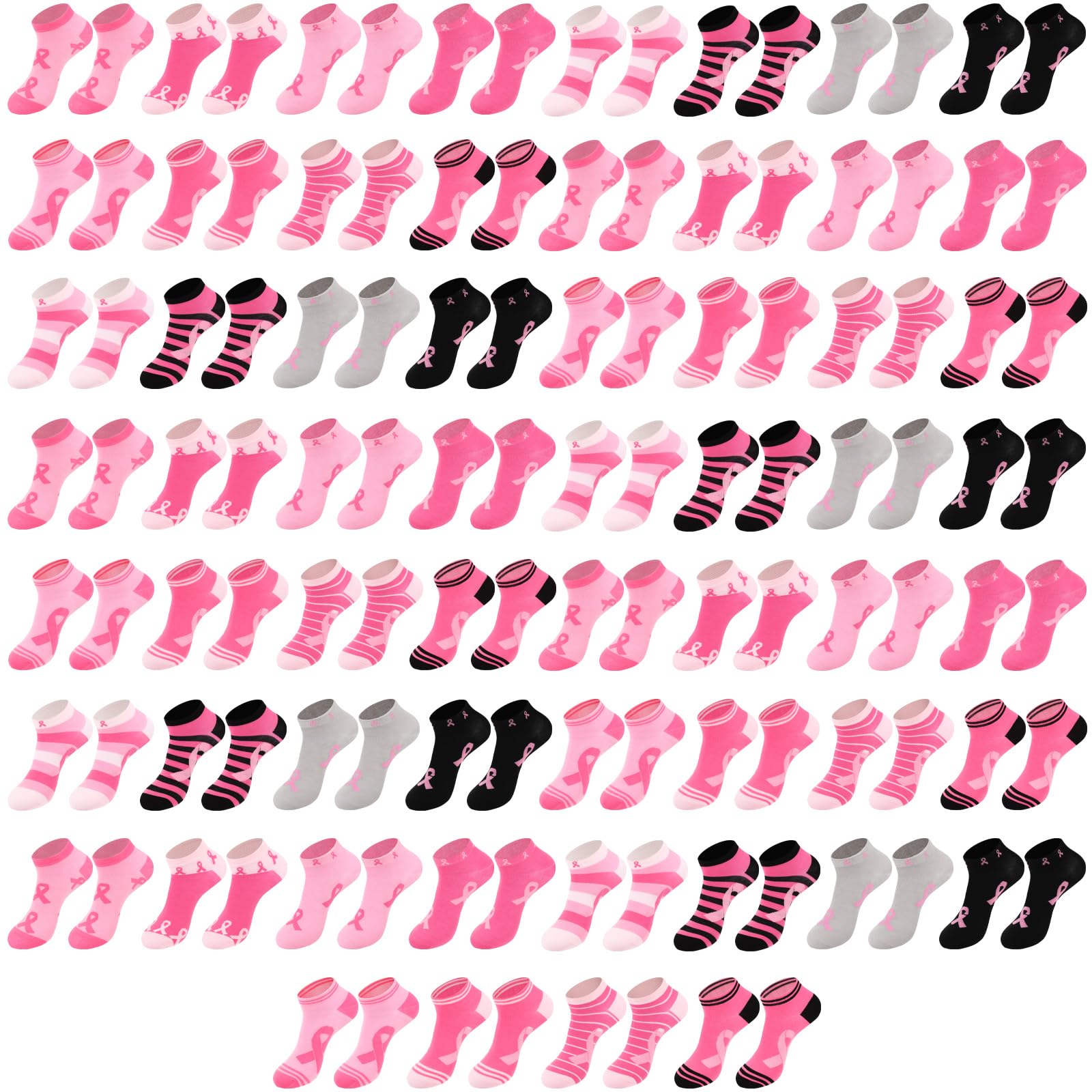 Hercicy 60 Pairs Pink Ribbon Crew Sock 12 Styles Breast Cancer Awareness Socks Bulk Women Gifts