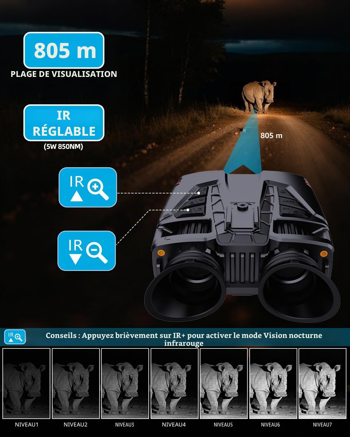 Lunettes de vision nocturne 4K jour/nuit | Jumelles de vision nocturne zoom 10x écran LCD 7,6 cm infrarouge, batterie rechargeable 4000 mAh, carte TF 32 Go, enregistrement vidéo et son WiFi pour le