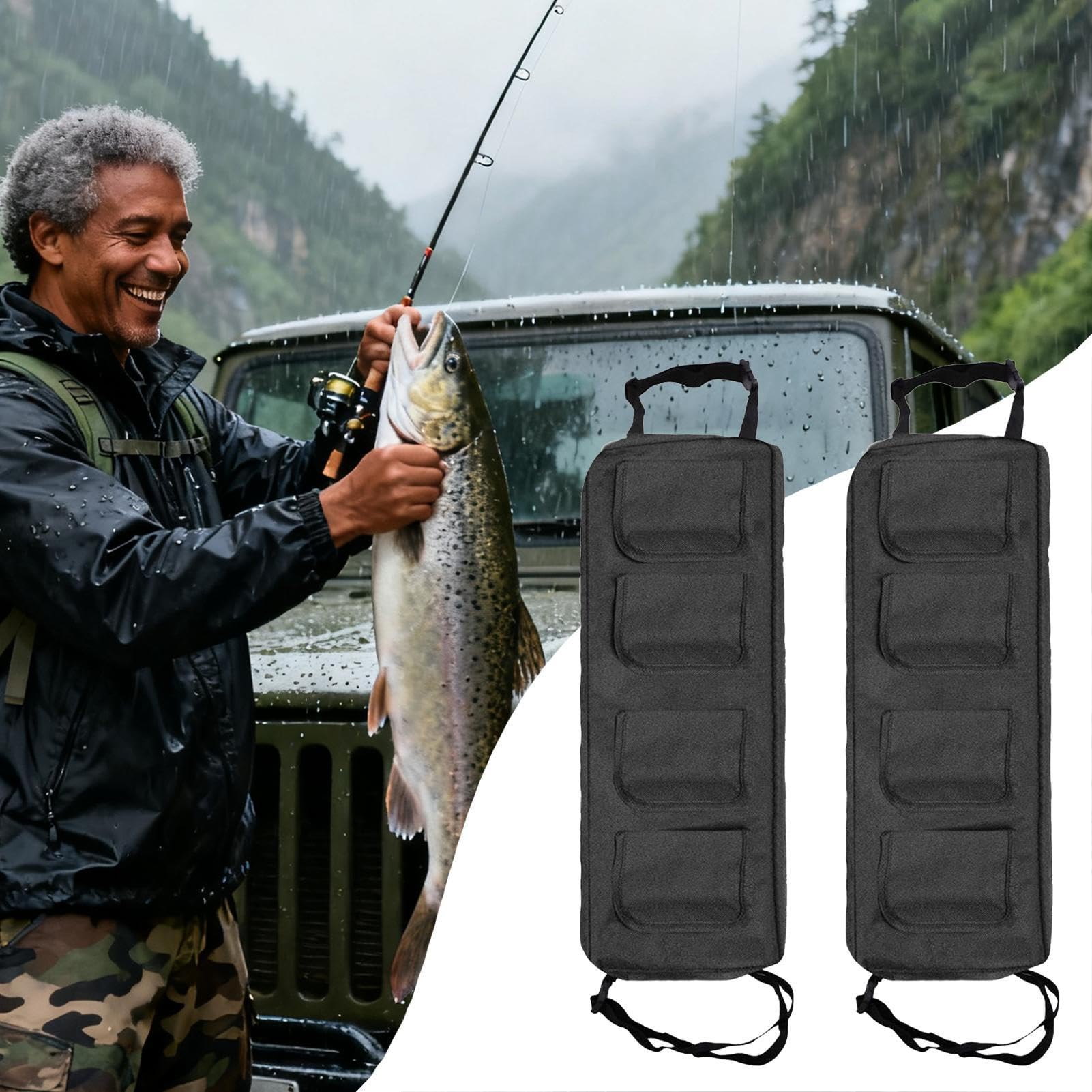 Support Canne à Pêche Voiture – 2 Pièces, Sangles Multidirectionnelles, Tissu Oxford, Pliable
