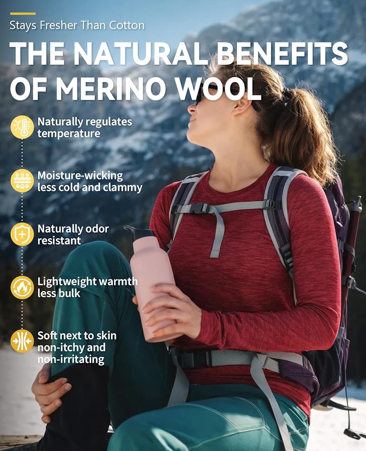 Merino Protect 100% Merino Wool Base Layer Women Soft Thermal Long Sleeve Shirt Breathable Underwear for Hiking Travel