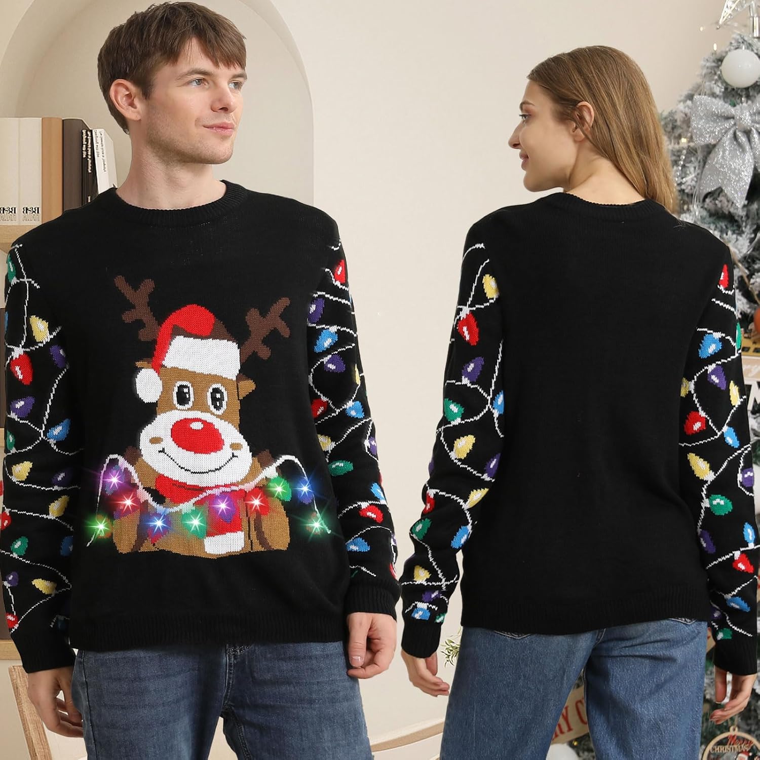 Ugly Christmas Sweater Women Men 2025,Light Up Christmas Sweater for Couples,Funny Reindeer Xmas Tacky Pullover Cute - Image 5