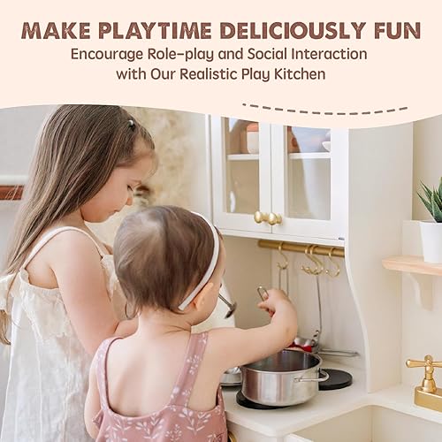 Miniatura 4 de Tiny Land Juego de cocina con sistema de almacenamiento, juguetes y cafetera para niños, juego de cocina de madera para niñas y niños