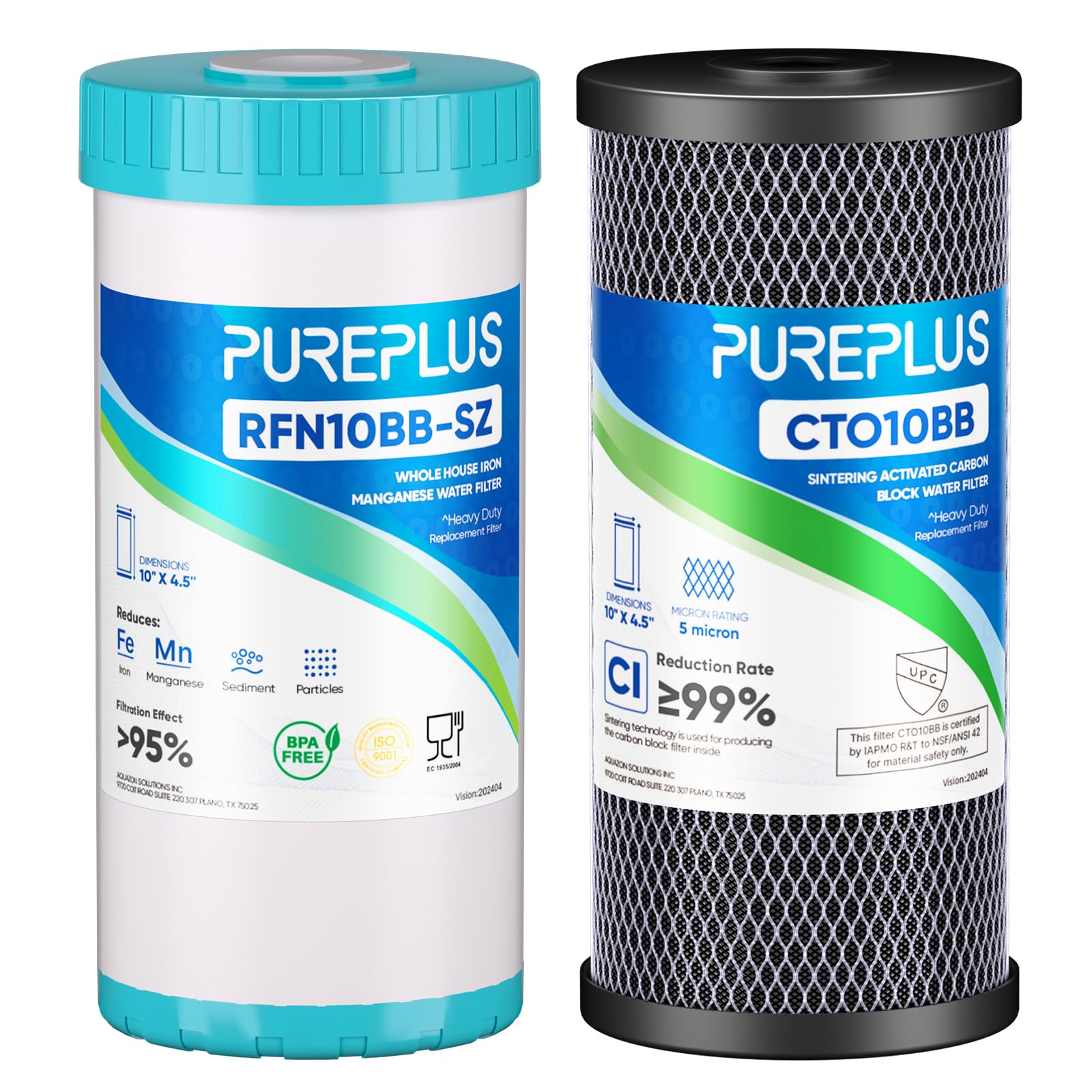 PUREPLUS Kit combinato di cartucce filtro dell'acqua a 2 stadi per tutta la casa, 11,4 x 25,4 cm, con blocco di carbone attivo e filtro per ridurre il ferro, kit di ricambio per filtraggio dell'acqua