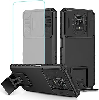 Case for Redmi Note 9 Pro/Redmi Note 9S/Redmi Note 9 Pro Max Case with Tempered Glass Screen Protector and Slide Camera Cover Kickstand Protective Phone Cover for Xiaomi Redmi Note 9 Pro Black