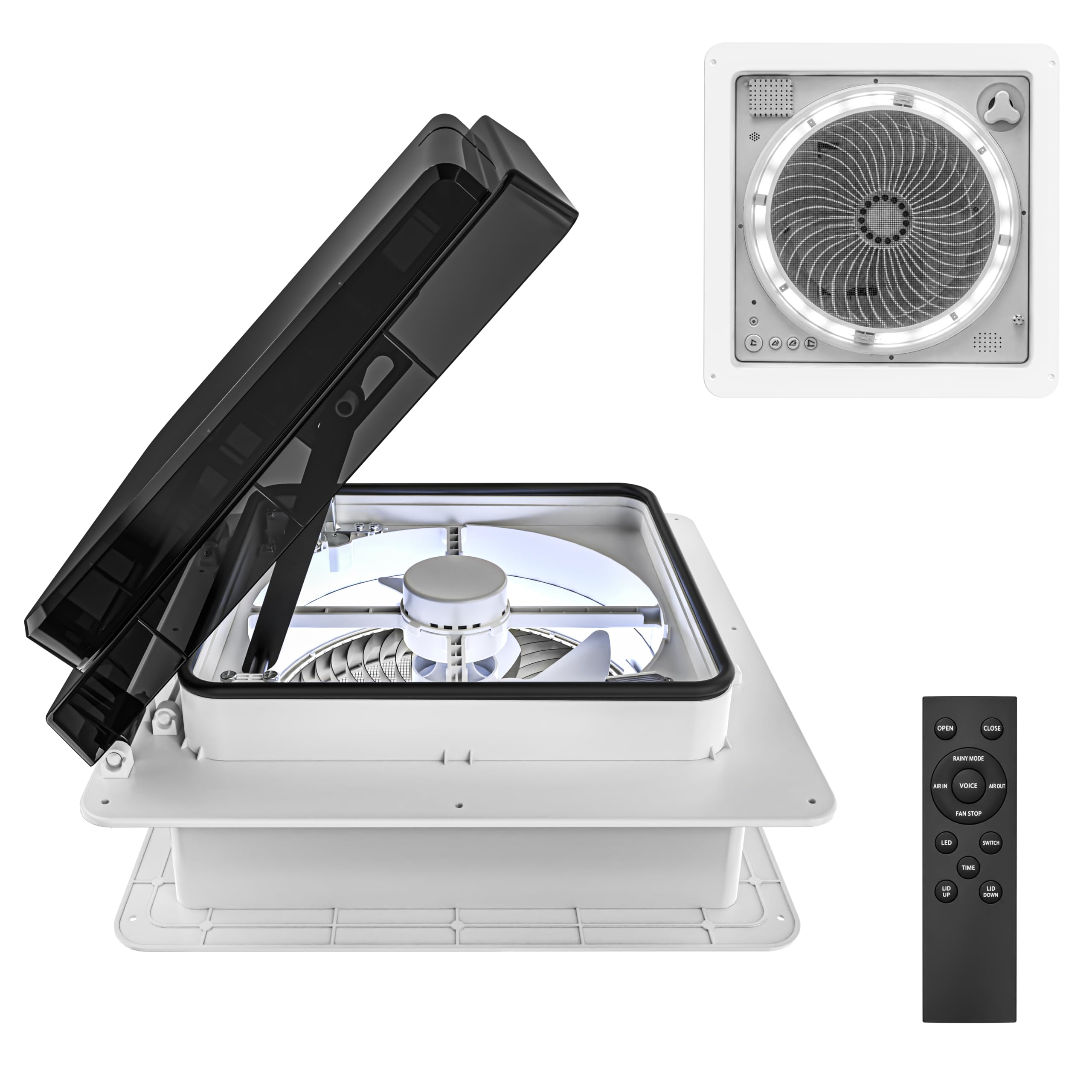 2012 RV Roof Vent Fan with Voice Control and 4-Color LED Light