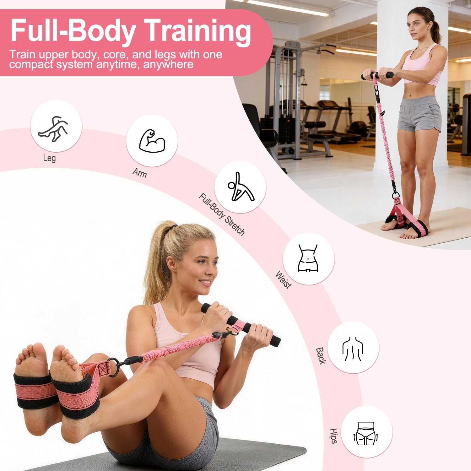 Multifunction Pedal Resistance Band with Handle Kit,Adjustable Tension Rope for Exercise Women 30/40/50lbs,Portable Fashion Puller Exercise Bands for Women's Full Body Training at Home,Leg,Arm,Pilates