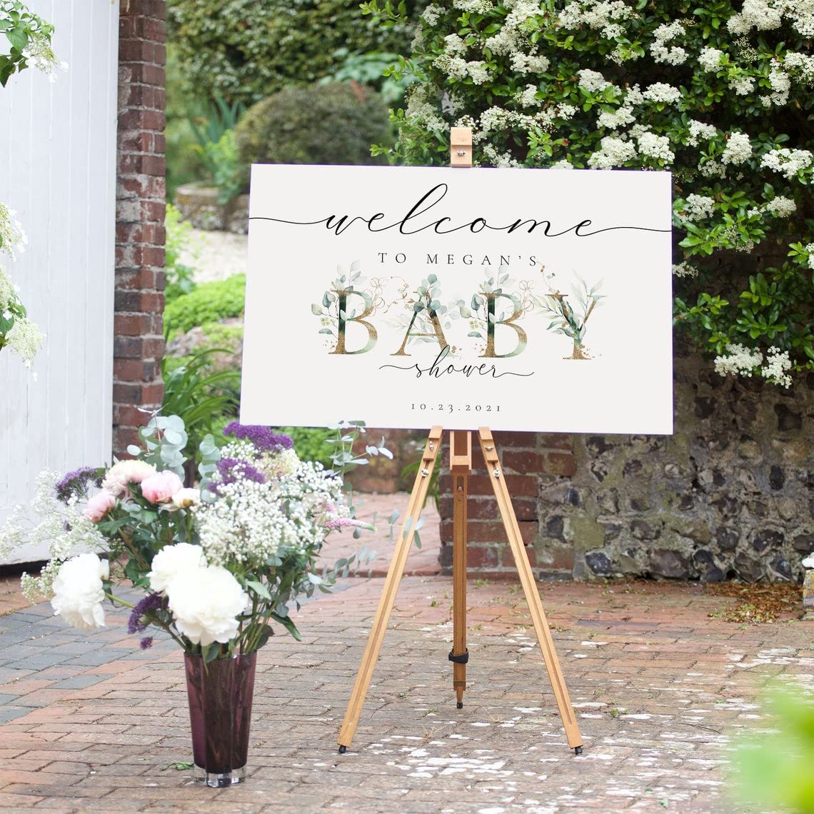 Personalized Gold Baby Shower Welcome Sign - Greenery Outdoor Banner, Printable Decoration, Editable Poster, Plastic