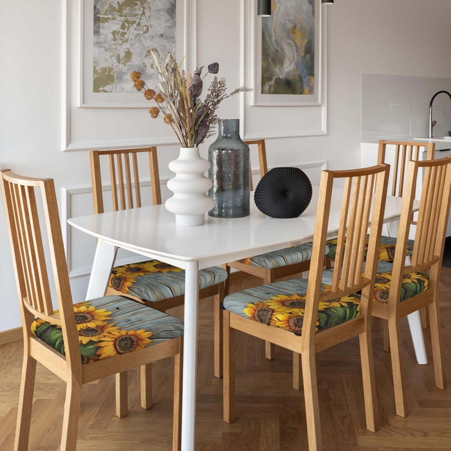 Sunflowers Wooden Board Print Square Cushion Covers 6 Pcs Set Elastic Non-Slip Seat Cushion Slipcovers Pet Furniture Protectors for Chair, Sofa