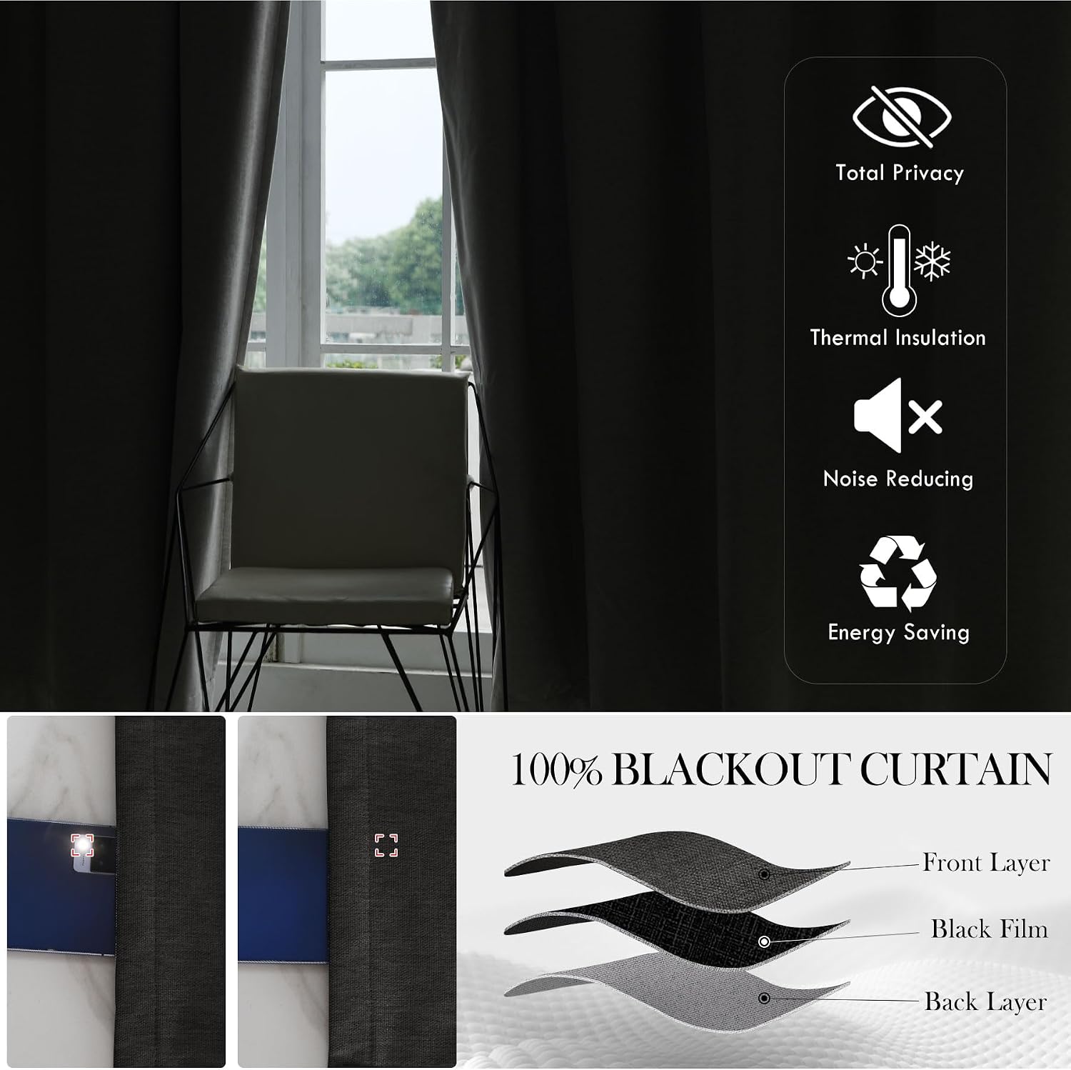 Macochico 100" Wx84 L Pinch Pleated Curtains for Sliding Door Room Divider 100% Blackout Insulated Chenille Curtain for Bedroom Living Room Modern Charcoal Grey Blackout Panels with Tieback 1 Panel