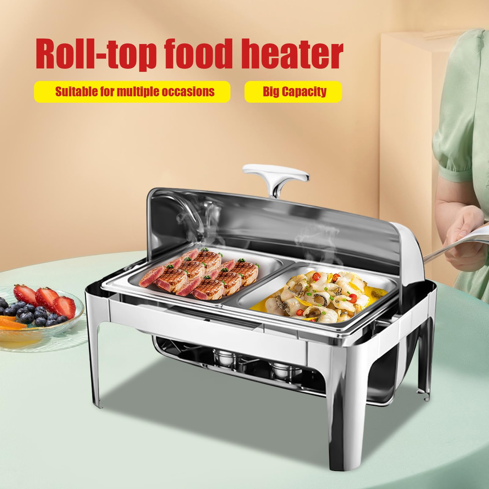 9 l in acciaio inox Chafing Dish | Grande capacità | Rolltop | Buffet & Party | Contenitore per acqua e pasta combustibile