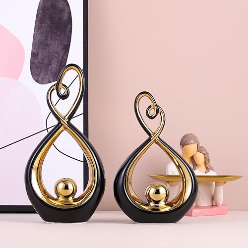 Miniatura 6 de 2 piezas de decoración negra y dorada, decoración moderna de mesa de arte abstracto, estatua de cerámica moderna para decoración del hogar, adornos