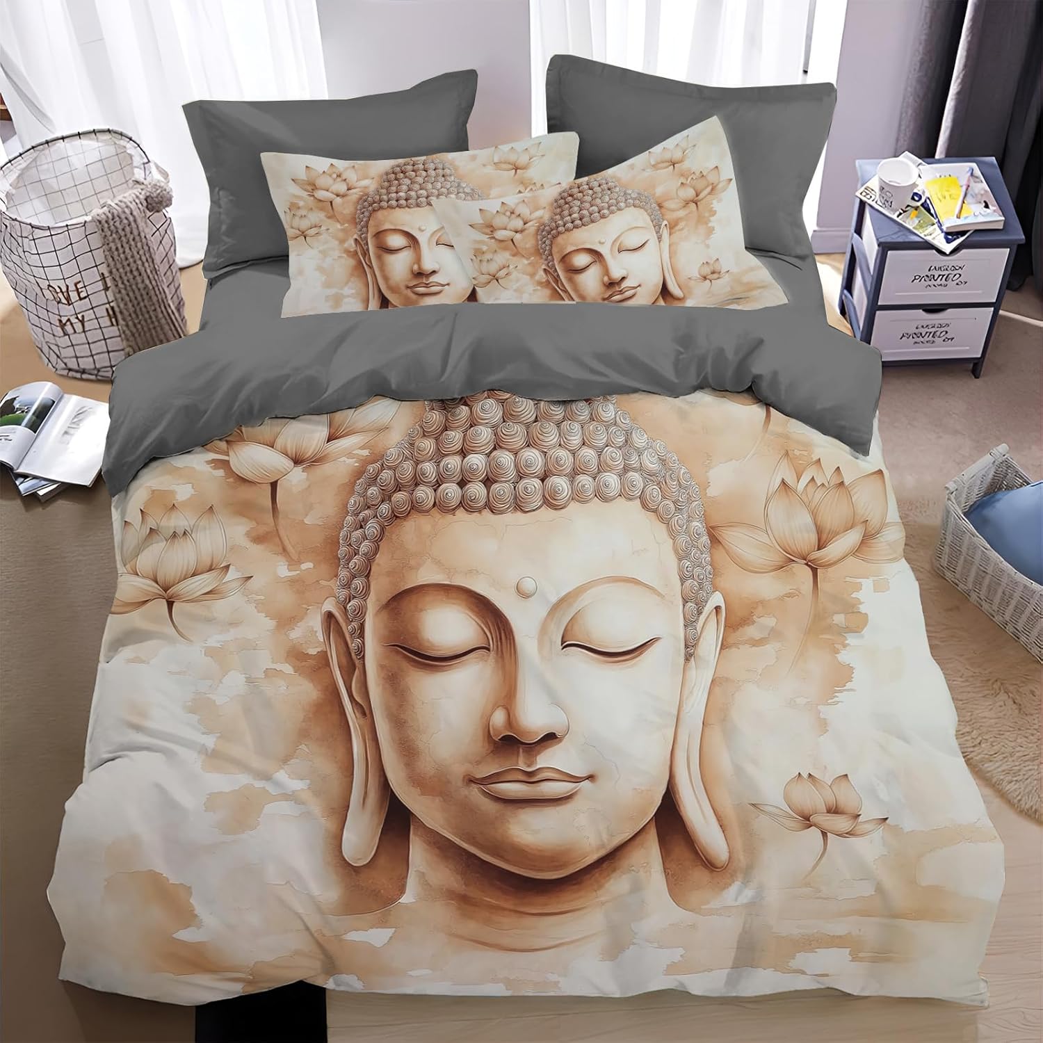 Buddha Statues Duvet Cover Twin Size,Fashion Beige Buddha Statue Prints Bedding Set 3pcs Comforter Cover for Kids Bedroom Decor Cute Quilt Cover(Not Comforter)