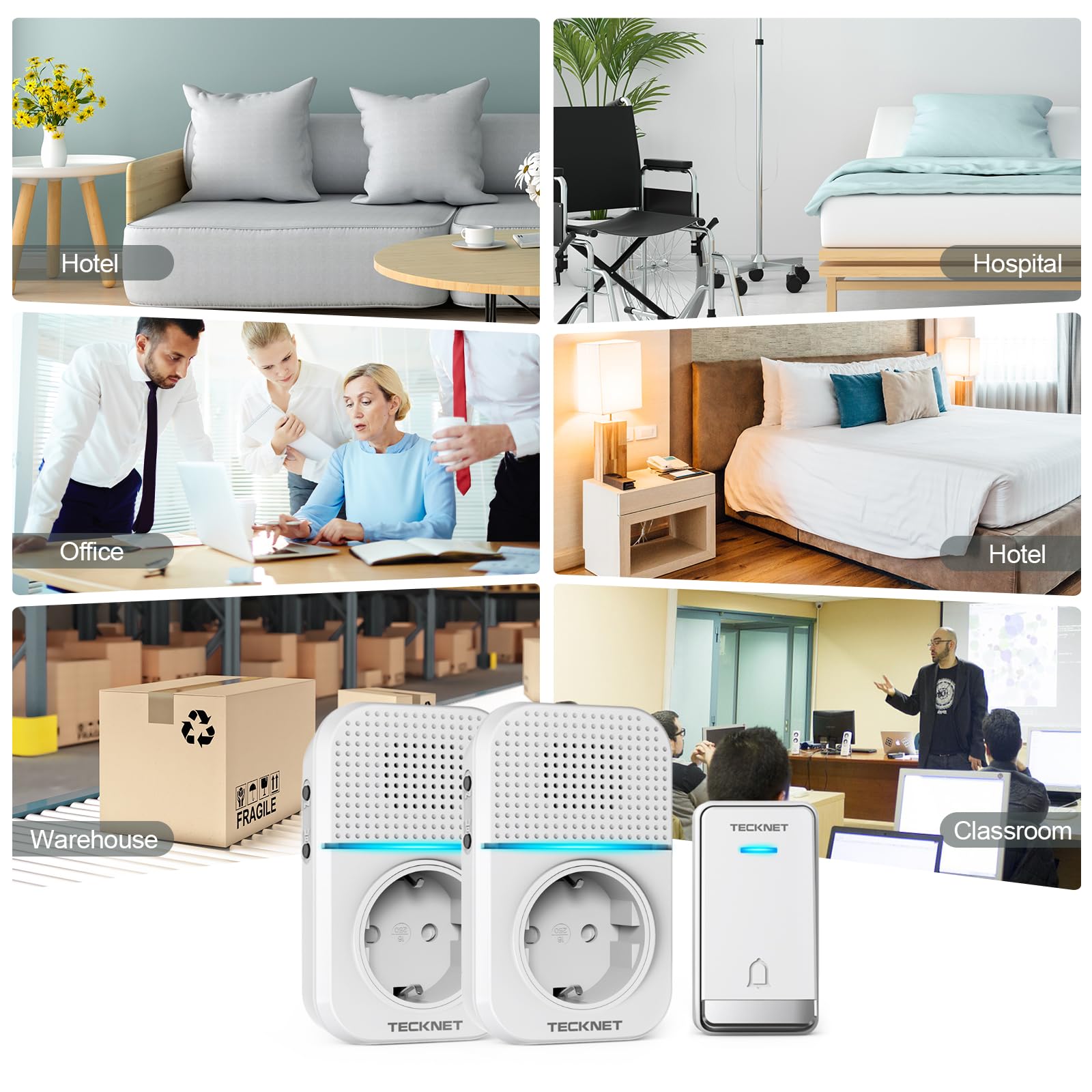 TECKNET Kabellose Türklingel, 400 m, Set mit 1 Klingel + 2 ansteckbaren Empfängern | Wasserdicht IP65, 60 Melodien, 5 Lautstärkestufen, mit Ladefunktion und LED-Licht, für Haus, Büro, Hotel, Weiß