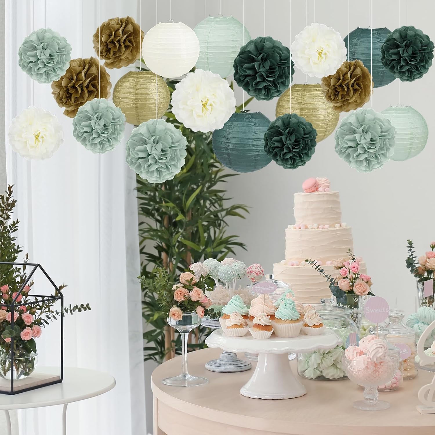 20 Pcs Sage Green Party Decorations Hanging Paper Lanterns and Paper Pom Poms Flowers for Baby Shower Wedding Birthday Party Supplies(Gold/Ivory/Sage Green) - Image 4