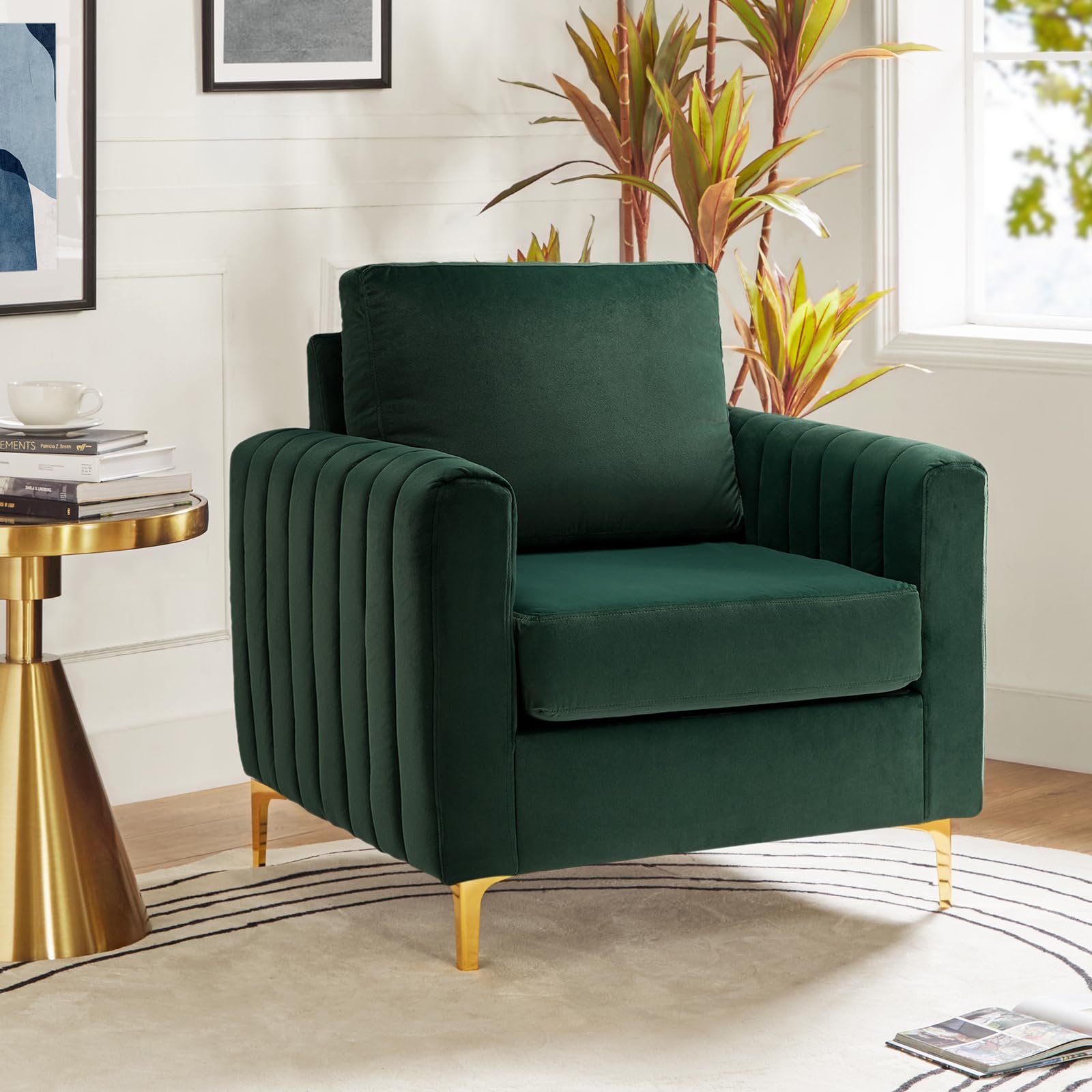 HULALA HOME Velvet Accent Club Chair, Modern Velvet Armchair Upholstered Accent Club Sofa Chair with Gold Metal Legs Mid-Century Barrel Leisure Comfy