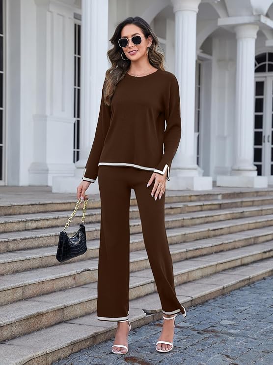 Womens 2 Piece Outfits Long Sleeve Knit Sweater Sets Knit Pullover Tops Wide Leg Pants Lounge Sets Tracksuits