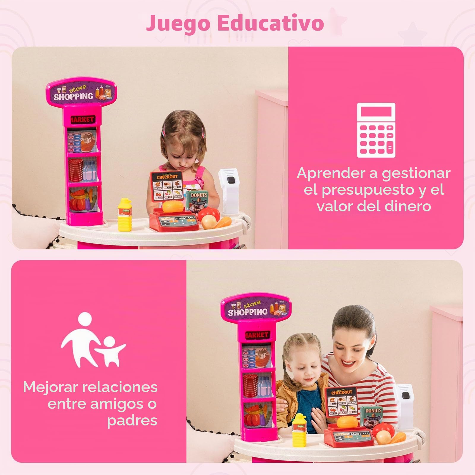RELAX4LIFE Supermercado Juguete Infantil con Luz, Sonido, Carrito Compra, Cesta y 29 Accesorios, Caja Registradora Juguetes con Escáner, Supermercado de Madera para Niños de 3+ Años (Rosa)
