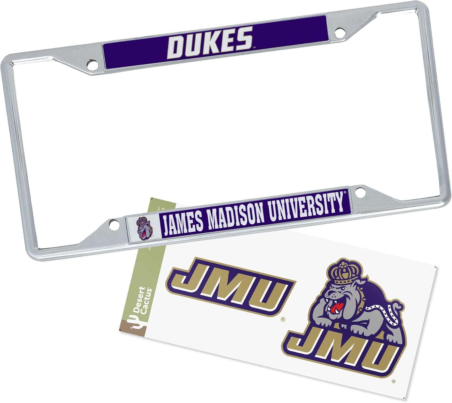 Desert Cactus James Madison University License Plate Frame and Sticker Car Tag Holder for Front or Back of Car Officially Licensed Metal (Sticker Frame Combo - Mascot)