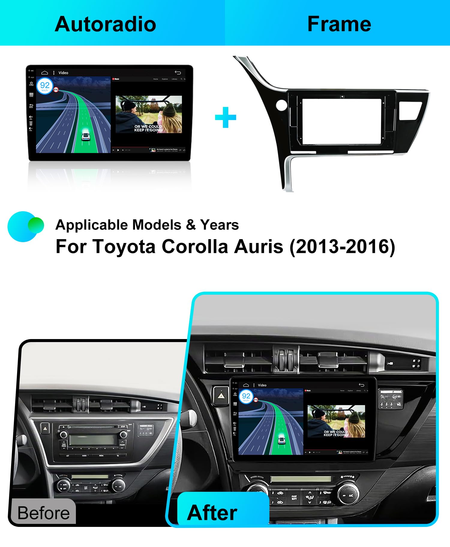 [Eingebaut 4G DAB]- 6G+128G - Autoradio für Toyota Corolla Auris 2013-2016 - Android 16 Radio - Carplay/Android Auto - Kamera + MIC - 10.1 Zoll 2 Din 8-Core - Lenkradsteuerung HDMI 360-CAM