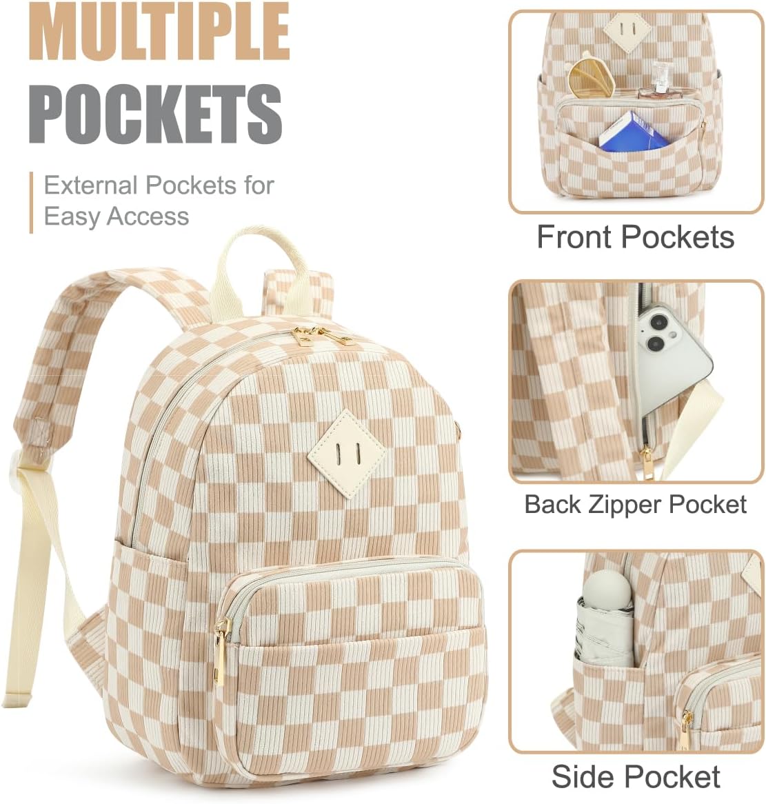Mini Backpack Purse for Women Girls, Corduroy Cute Small Travel Daypack Stylish & Practical for Casual Daily Use-Checkered Brown - Image 3