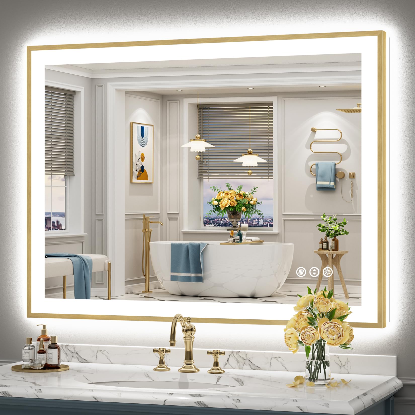 48x36 Gold Framed LED Bathroom Mirror with Lights, Backlit & Front Lit, Anti-Fog Metal Frame Lighted Vanity Mirror for Bathroom Wall, 3 Colors, Dimmable, Memory, Shatter-Proof Tempered Glass