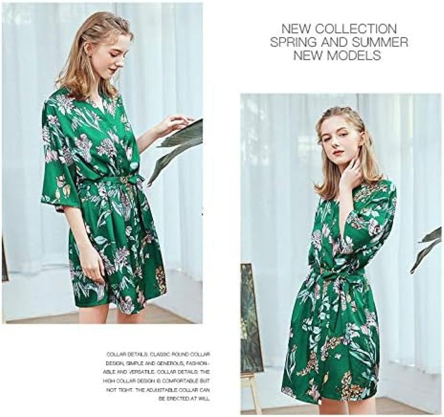 シルクローブ女性バスローブローブ女性パジャマ夏ショート,緑,L