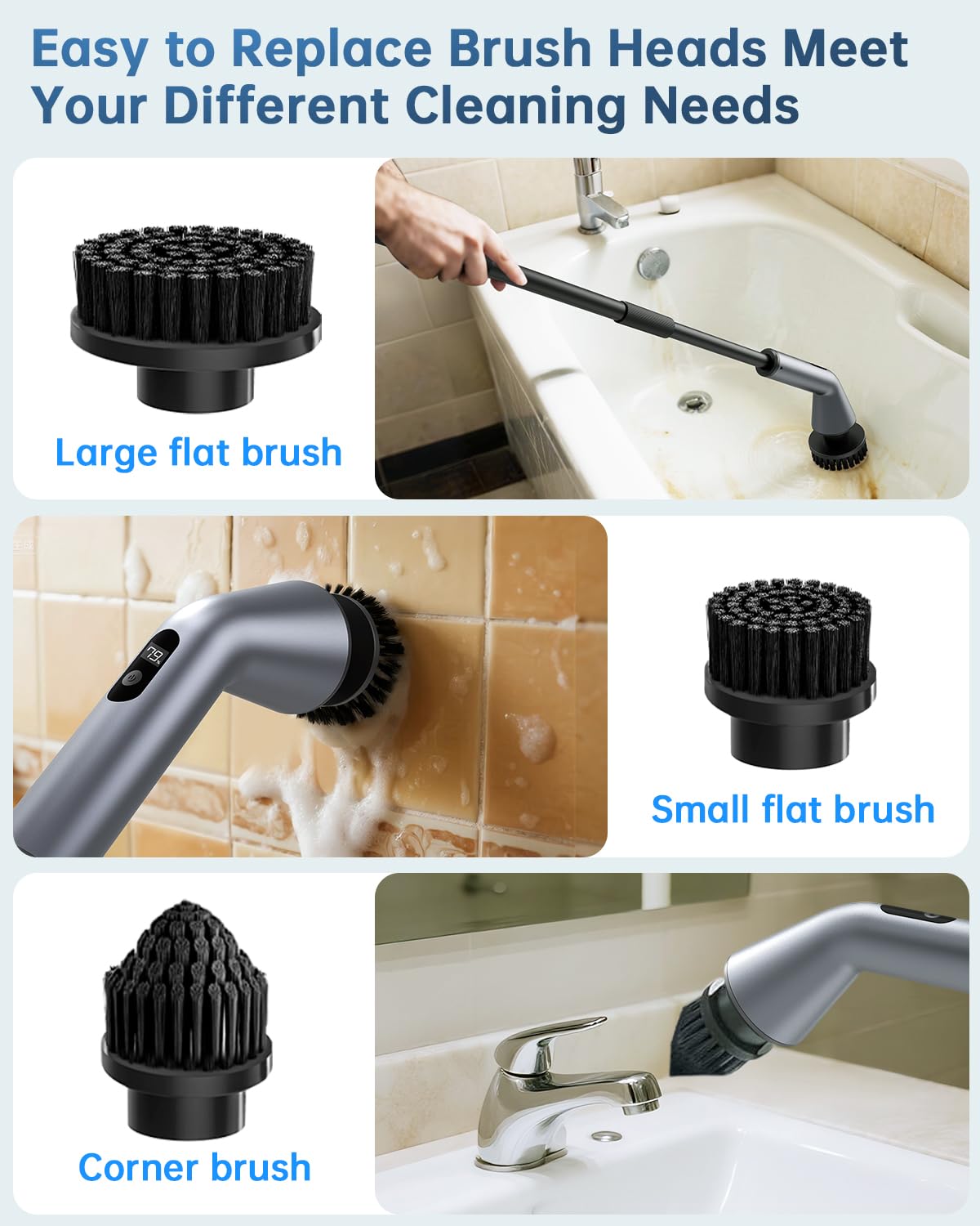 Limpiador giratorio eléctrico, IPX7, impermeable, doble velocidad, cepillo de limpieza inalámbrico con 7 cabezales de cepillo, mango largo extensible para baño, ducha, bañera, tina, vidrio, azulejos