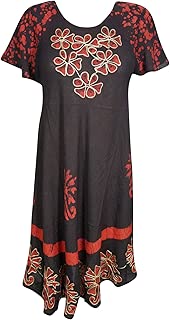 Womens Flare Dress Caftan Floral Batik Embroidered Rayon Loose Dresses L