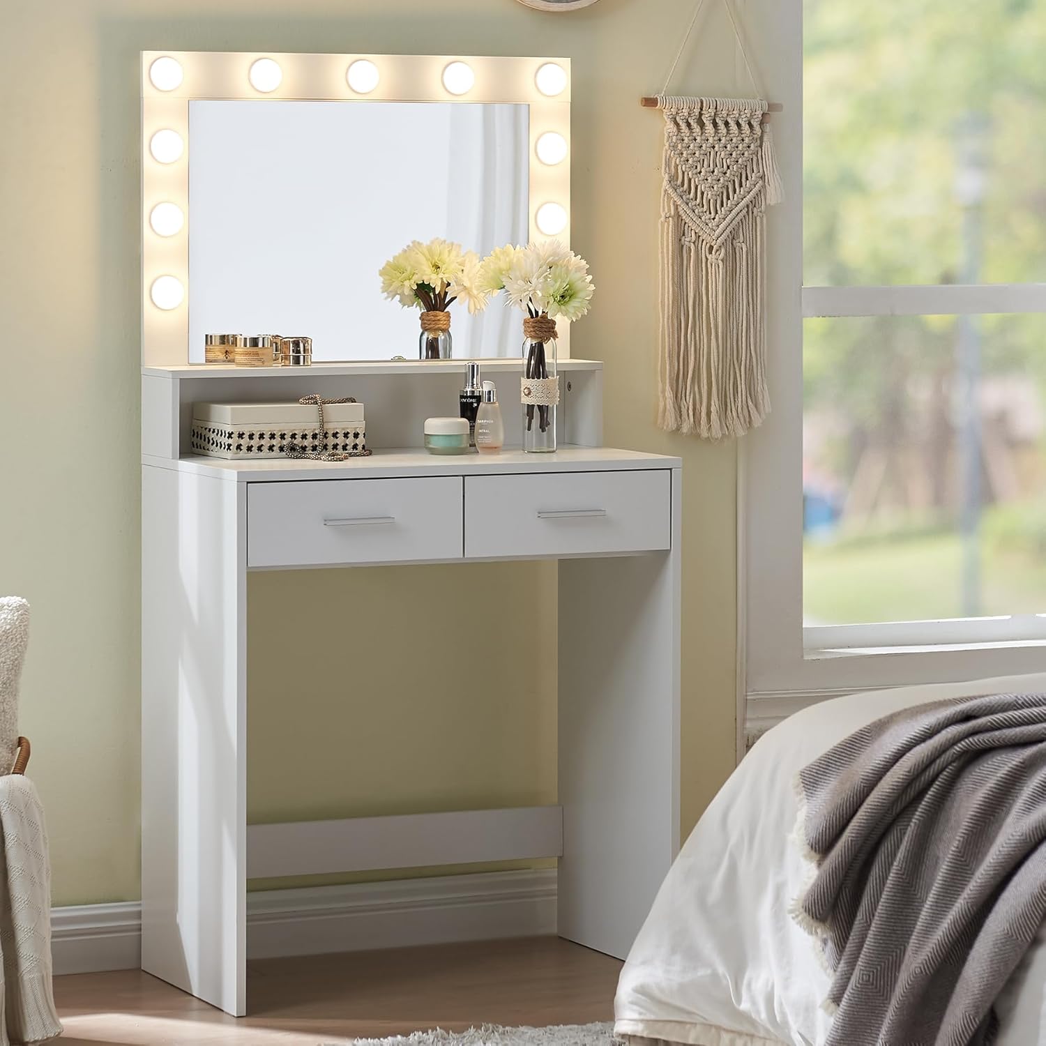 Vanity Table with Mirror, 2 Drawers and 3-Tier Storage Makeup Vanity Desk, 12 LED Lights and 3 Color Lighting Modes, Perfect for Bedroom and Dressing Room Vanity Area (D - White)