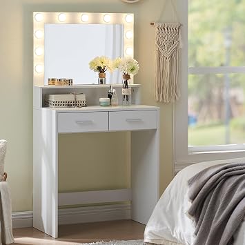 Vanity Desk with Mirror and Lights, Dressing Table with Large Drawer, 2 Level Storage Dresser & 3 Lighting Modes Adjustable Brightness, Suitable for Bedroom White