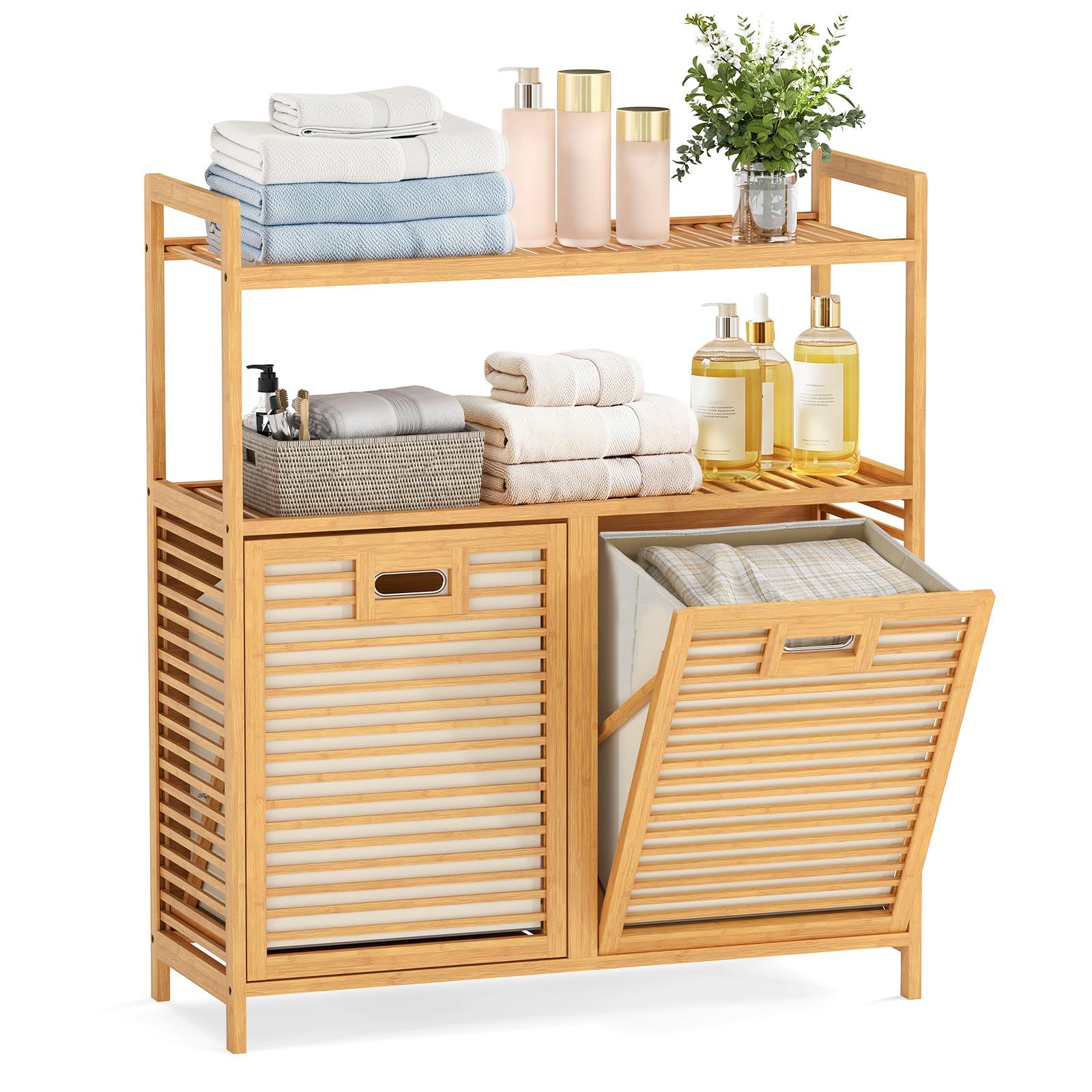 COSTWAY Bamboo Laundry Basket, Tilt Out Laundry Hamper (2-Tier,Natural)
