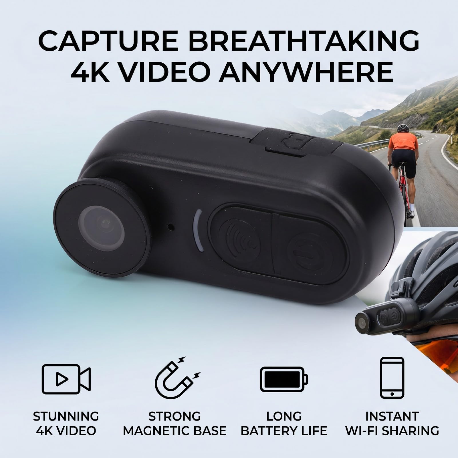 Jectse Action Camera Indossabile 4K, Fotocamera Sportiva Leggera con WiFi e Custodia di Ricarica da 2500 mAh per Supporto per Casco da Ciclismo