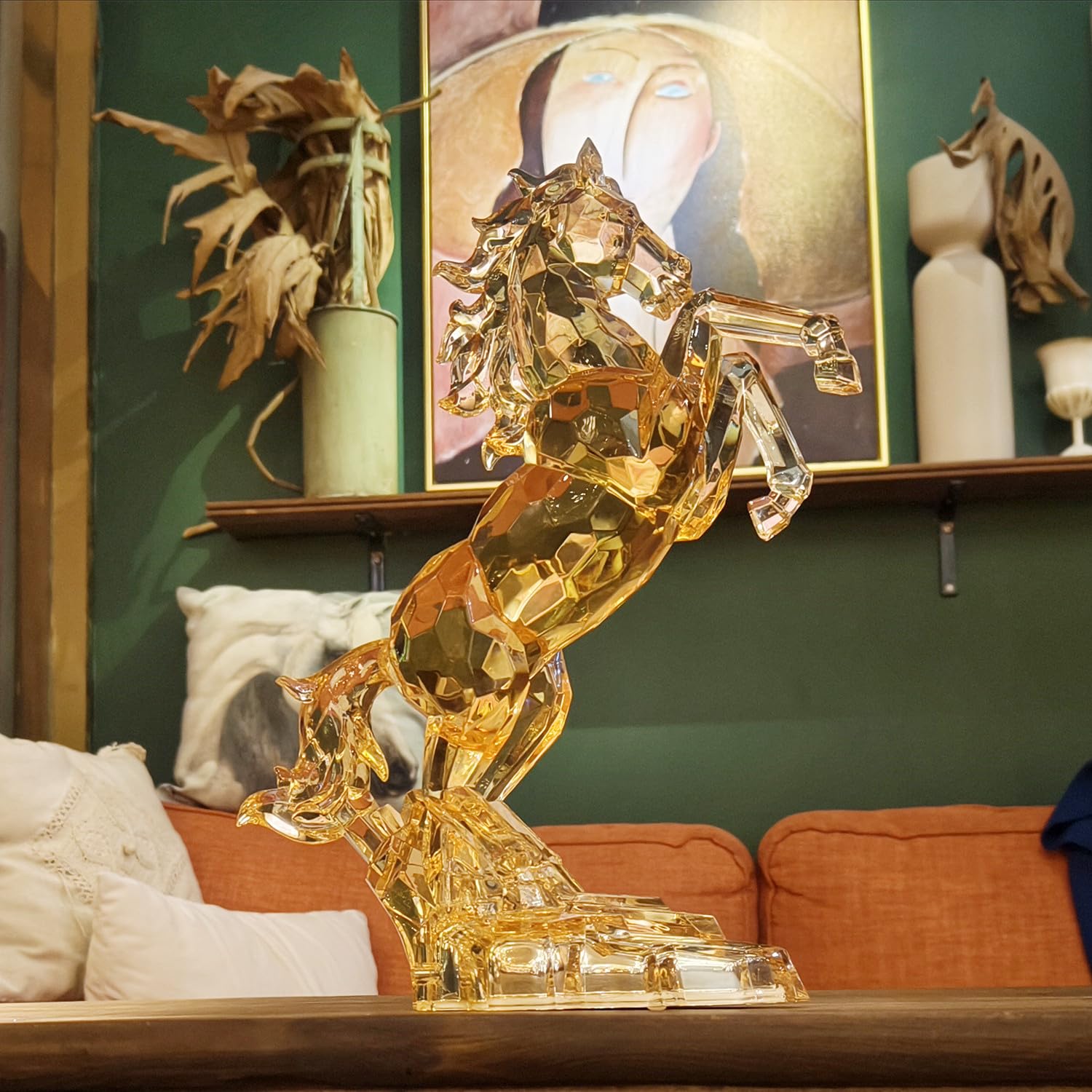 Figura de caballo acrílico grande de 43 cm de alto, figura de caballo de cristal chino Feng Shui, estatua de caballo, escultura de caballo, figura coleccionable para decoración de mesa de