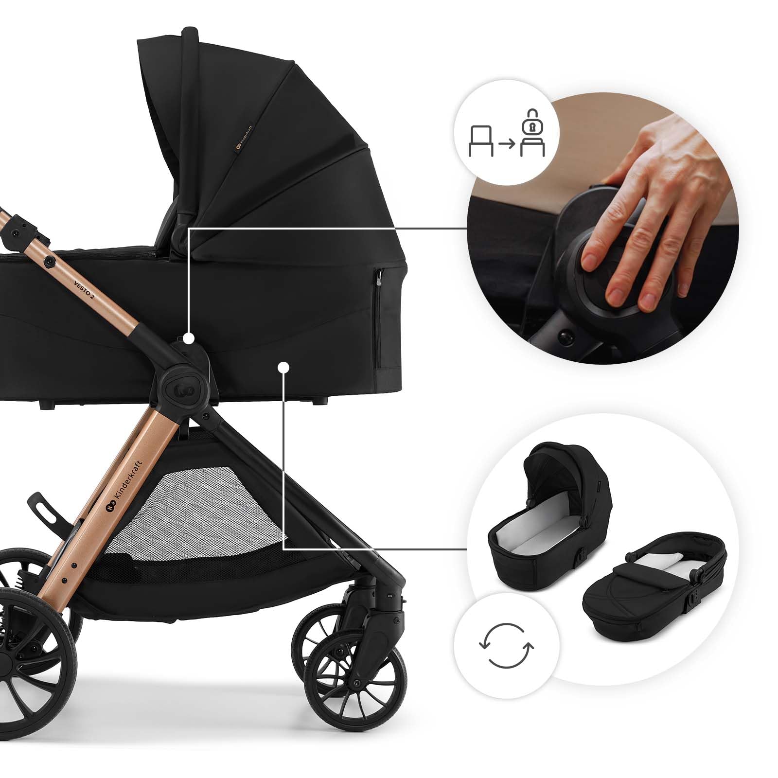 Kinderkraft VESTO 2 Poussette Bébé 3 en 1, Poussette Trio avec Nacelle et Siège Auto MINK PRO 2, Siège Réversible, Travel System, Pliage Compact, Roues EVA, Noir