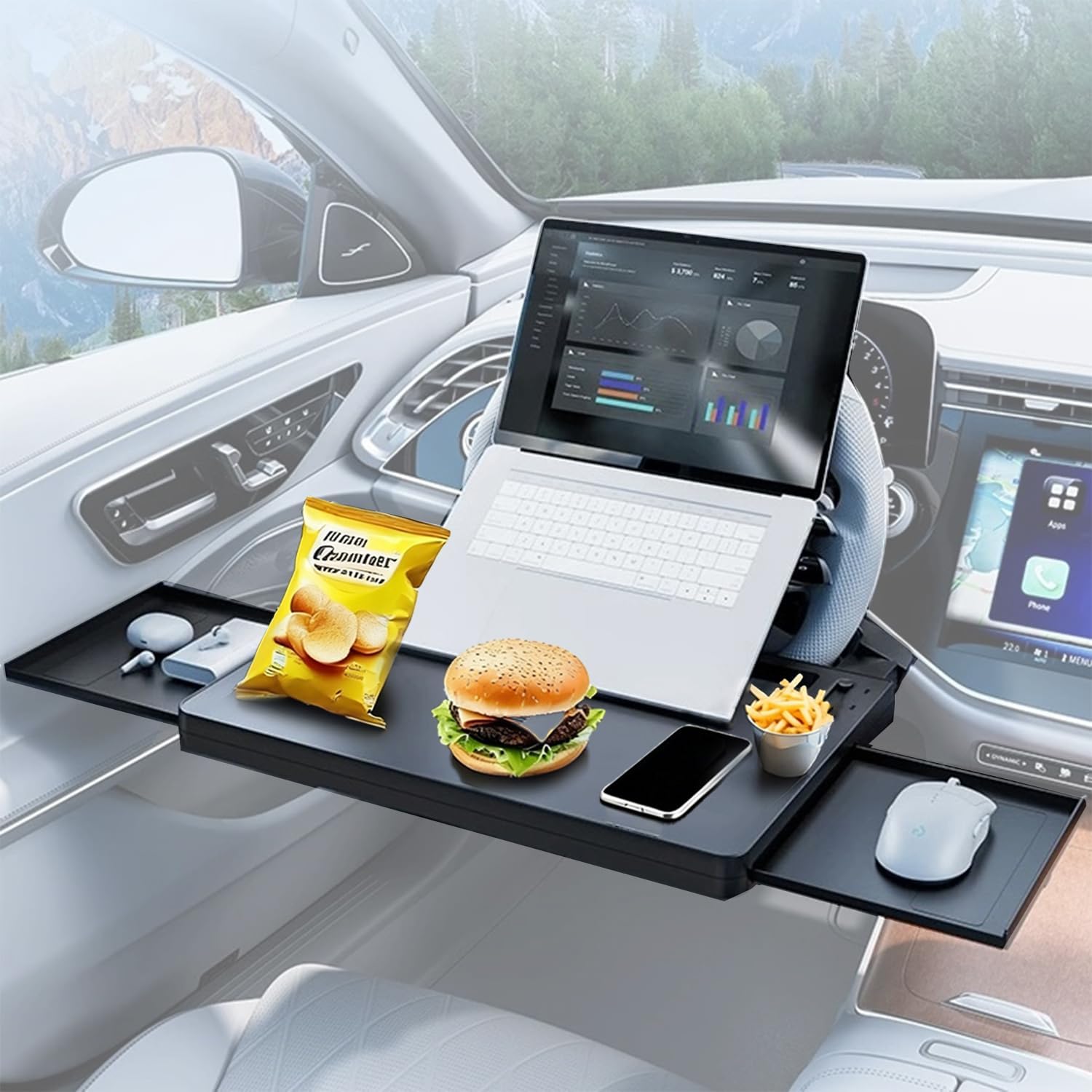 Extendable Car Steering Wheel Tray – Adjustable Car Steering Wheel Desk for Laptop & Eating, 2-in-1 Food Trays for Car, Office, Steering Wheel Desk with Slot for Tablet