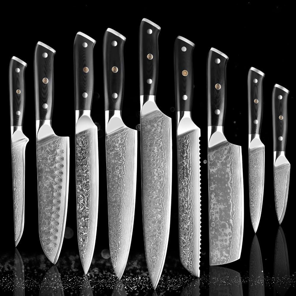 Set Cuchillos Cocina 9 Piezas Acero Inoxidable Damasco