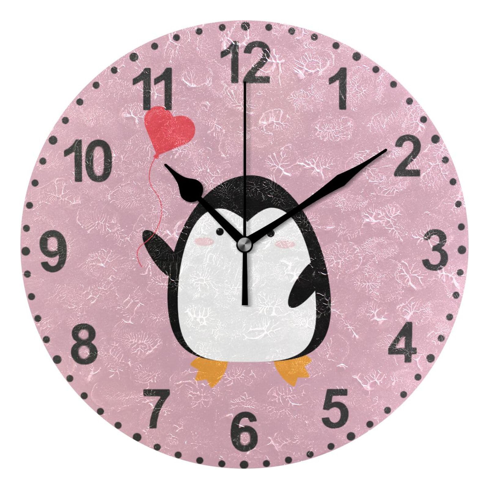 ISAOA Learning Clock Cartoon Penguin with Heart Balloon Wall Clock for Children Bedroom,Silent Clock for Boys and Girls Classroom Home Decor,25 CM โ image 1
