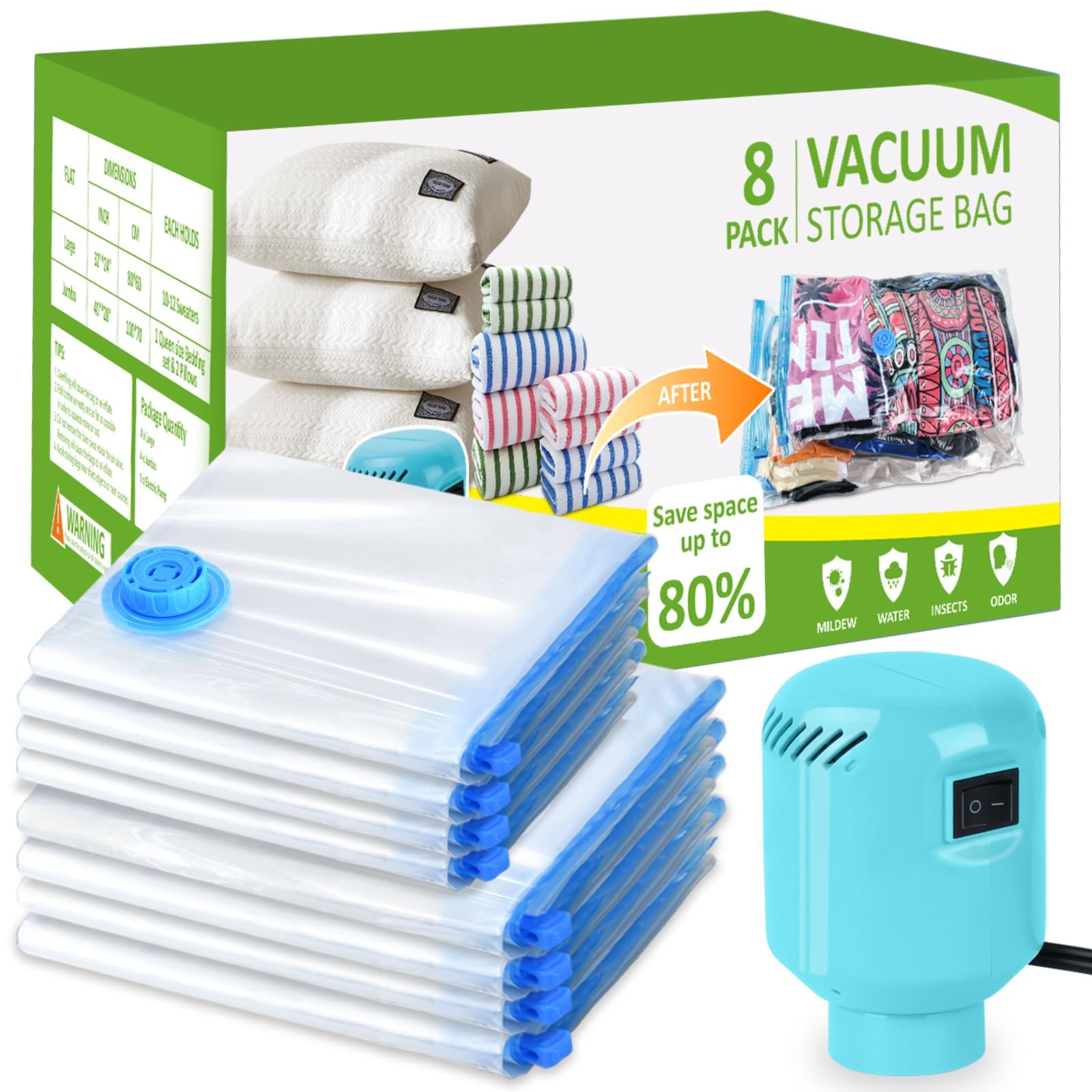 Morecoo Vacuum Seal Bags for Clothing, 8 Pack Vacuum Storage Bags (4 Jumbo/4 Large) with Electric Pump, Packing Cubes Compression Space Saver for Comforters, Blankets - Travel Essentials