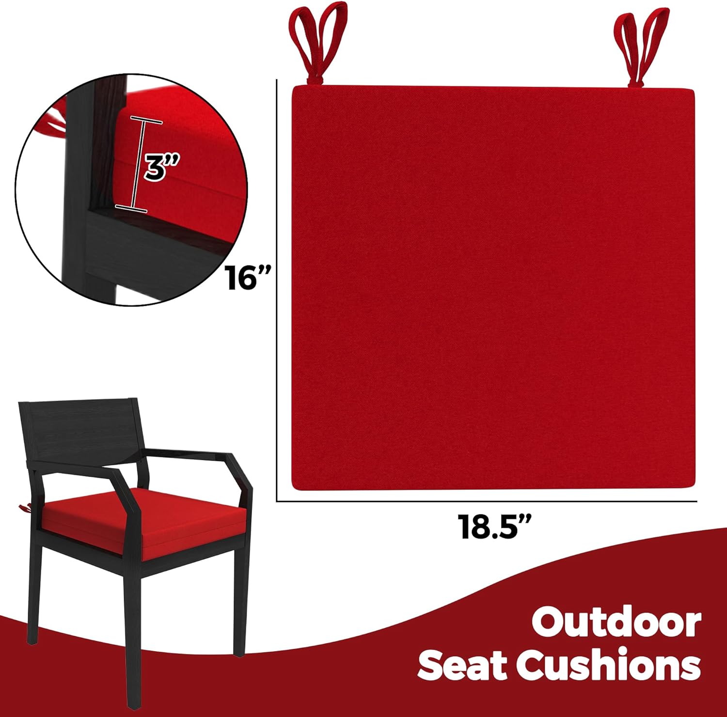 Outdoor Cushions for Patio Furniture Set of 4, 18.5 x 16 x 3 inch Waterproof Outdoor Chair Seat Cushions, Red Square with Non-Slip Ties (Square Corner)