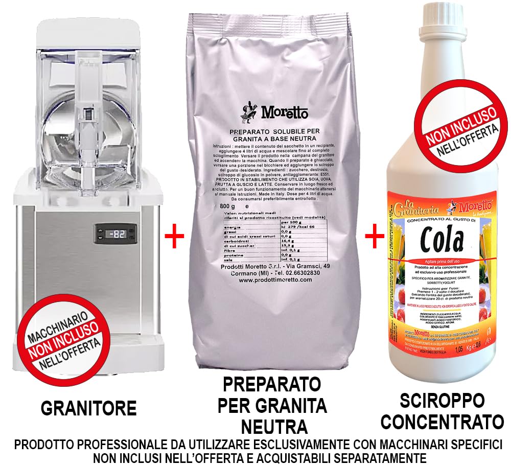 MORETTO preparato in polvere per GRANITA NEUTRA, senza glutine, 6 buste da 800 g, per 150 bicchieri
