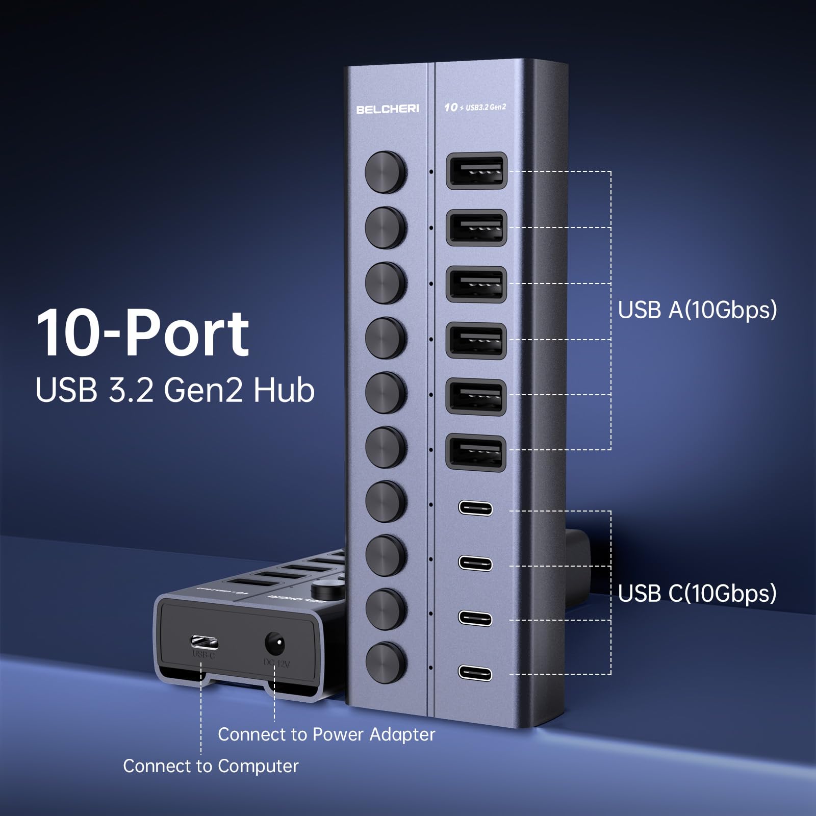 USB Hub mit Netzteil, 10-Port USB 3.2 Gen 2 10Gbit/s Aktiv Hub, Vollaluminium mit 60W (12V 5A) Powered, 6 USB-A & 4 USB-C Ports, Unterstützt BC1.2 Schnellladung